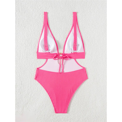 Sexy 8 Colors Deep V Neck Cut Out One Piece Swimsuit Women Swimwear Female High Leg Cut Monokini Bather Bathing Suit Swim V7177