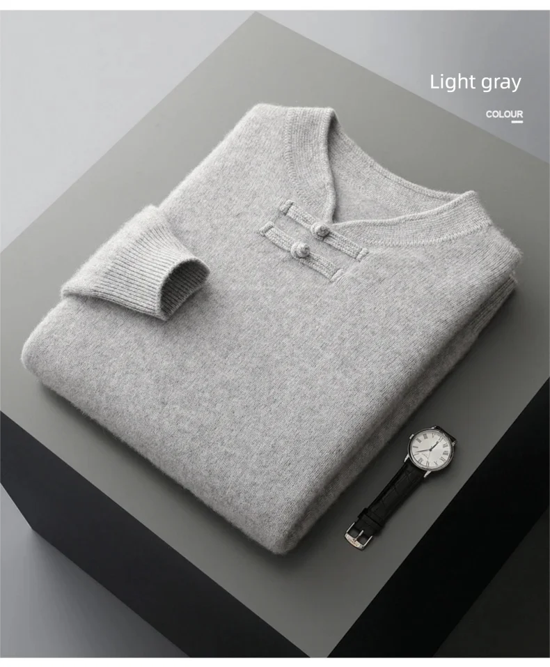 New Chinese Style Men's Pullover 100% Pure Wool Knit Sweater Autumn Winter Retro Stand Collar Long Sleeve Fashion Cashmere Tops
