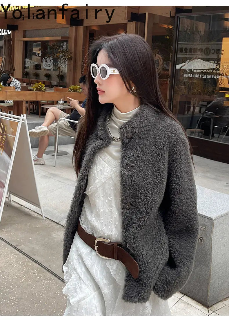 YOLANFAIRY 100% Genuine Leather Jacket Women Warm Natural Fur Coat Woman Winter Short Real Lamb White Fur Coats Jaqueta Feminina