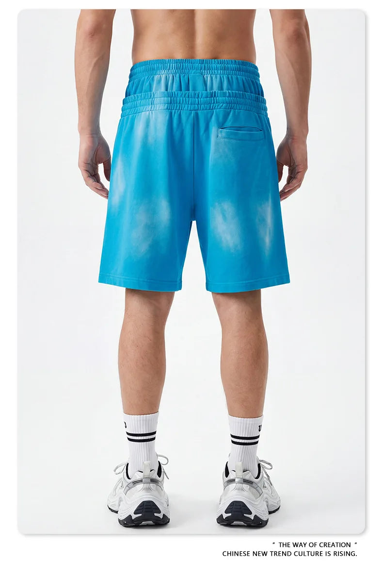 Custom LOGO men's 320G heavy 100% washed and old double waist high waist medium pants loose casual sports five-point shorts