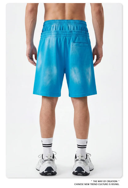 Custom LOGO men's 320G heavy 100% washed and old double waist high waist medium pants loose casual sports five-point shorts