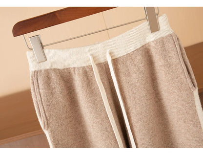 Autumn Winter Thick 100% Merino Wool Contrasting Splicing Casual Sports Pants Men Versatile Knitted Sweatpants Straight Leg Pant