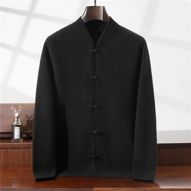 100%Pure Wool Chinese style buckle Cardigan Men Sweater Casual Comfort Knitted Long Sleeve Men's Wool Sweater Spring Autumn Coat