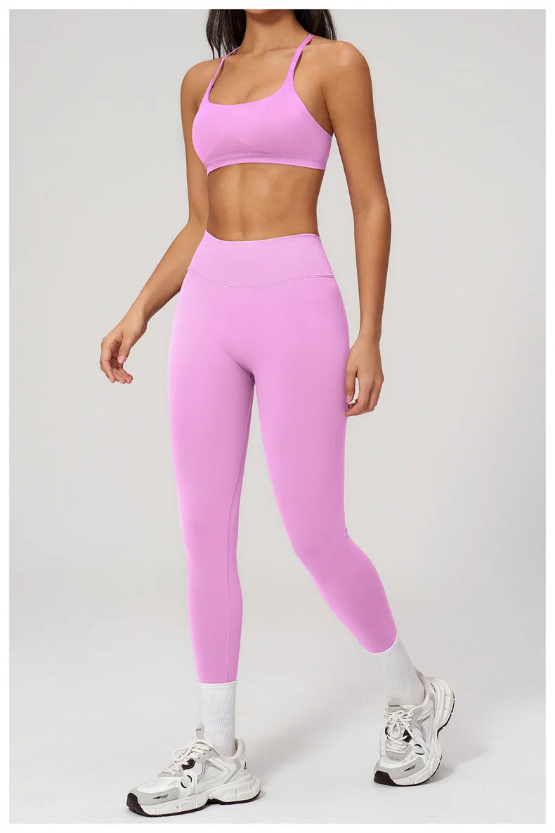 TRY TO BN Women Tracksuit 2 Piece Yoga Set Cross Bra High Waist V Waist Leggings Tummy Control Butt Lifting Workout Running Gym