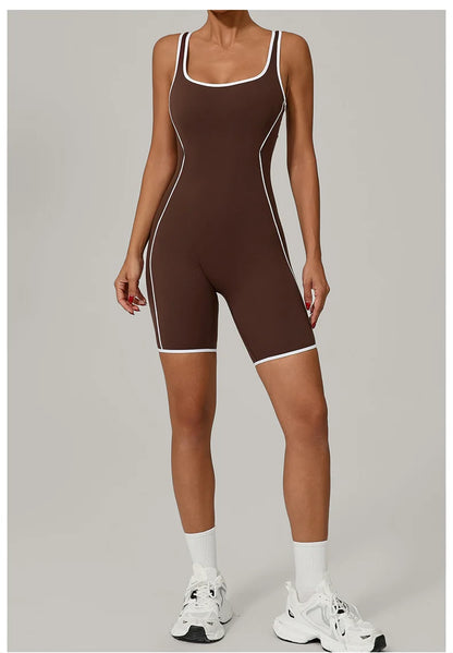TRY TO BN Yoga Jumpsuit Sports Hollow Back Breathable Contrasting Color Bodysuit Fitness One Piece Set Running Gym Woman Clothes