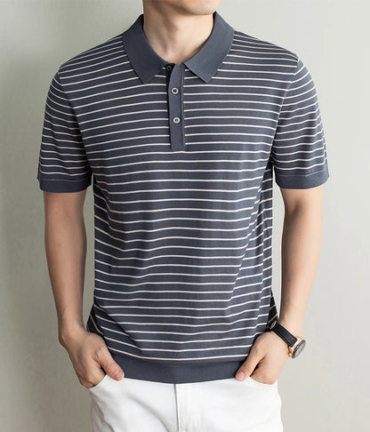 Men's Lyocell shirt summer new casual striped short sleeved T-shirt Polo collar breathable comfortable knitted pullover