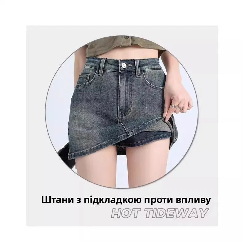 Sexy Retro Denim  Skirt Women's Anti-Light Versatile High Waist A-Line Slimming American Hot Girl Bodycon Half-length Ski...