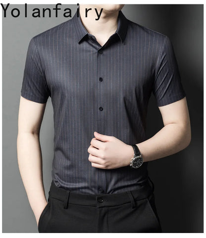 YOLANFAIRY Mulberry Silk 7.8% Summer Shirts for Men Short Sleeve Shirt Men Mens Clothing Camisas De Hombre Verano 2024 Tops