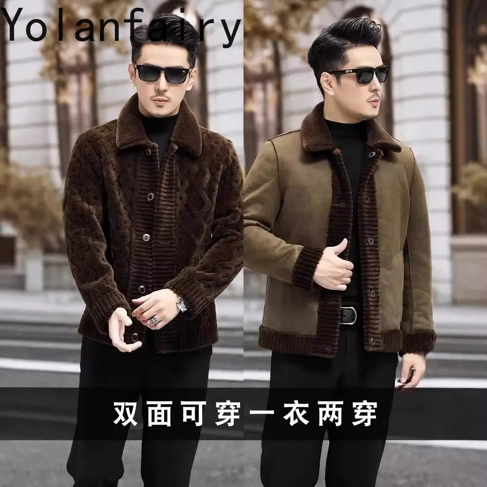 YOLANFAIRY New Sheep Shearing Jacket Men Winter 2025 Double-sided Wear 100% Wool Coat Man Clothing Short Men's Jackets chaqueta