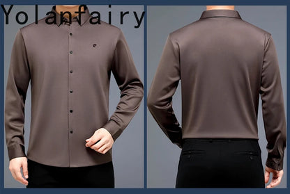 YOLANFAIRY 100% Mulberry Silk Long Sleeve Shirt Man Spring Autumn Casual Silk Mens Shirts Warm Male White Shirt chemises hommes