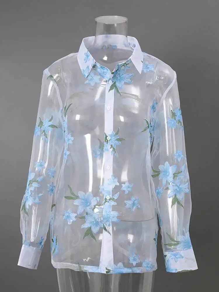 DEAT Fashion Floral Print Sheer Organza Shirt Women's Lapel Loose Light Blue Blouse Summer New