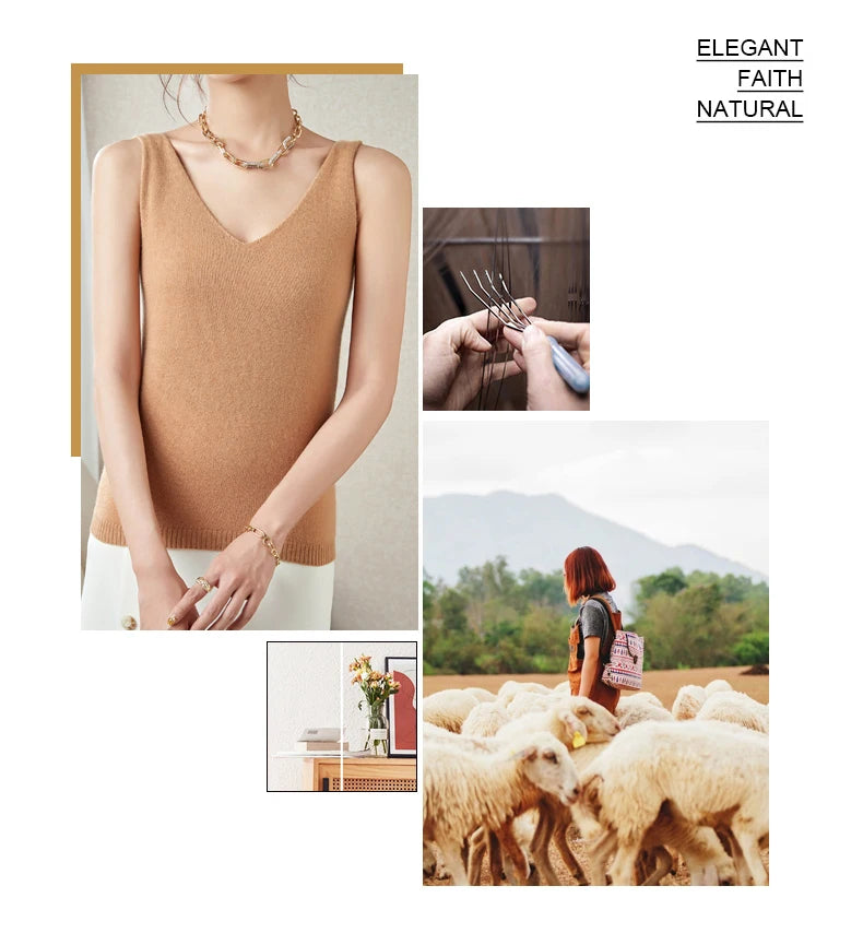Women's Spring and Autumn 2026 New 100% Merino Wool V-Neck Pullover Knitted Suspender Casual Soft Inner Vest Women's Clothing