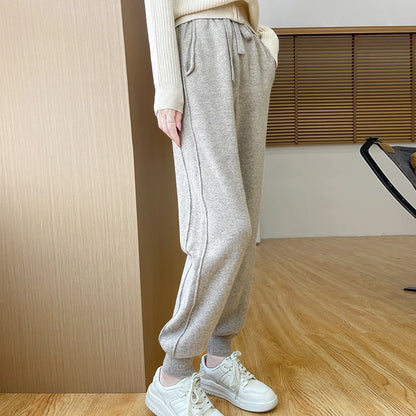 DjzDsm Women's Wool Pencil Pants Autumn Winter 100% Merino Wool Knitted Trousers Thick Soft Warm Pocket Casual Style Comfy Pants