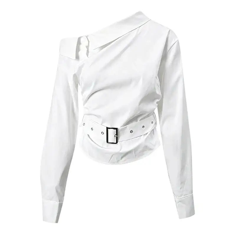 DEAT Fashion Belted Waist Shirt Women's One Shoulder Asymmetrical Collar Long Sleeve White Blouse Sumemr New