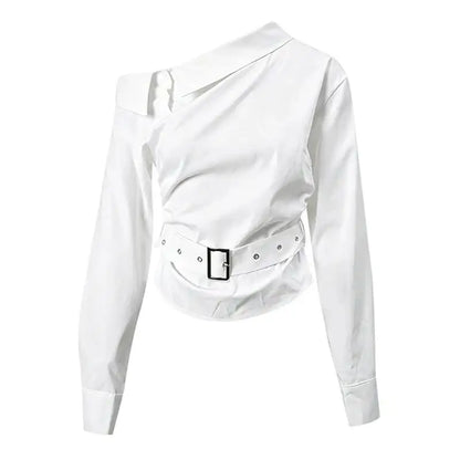 DEAT Fashion Belted Waist Shirt Women's One Shoulder Asymmetrical Collar Long Sleeve White Blouse Sumemr New