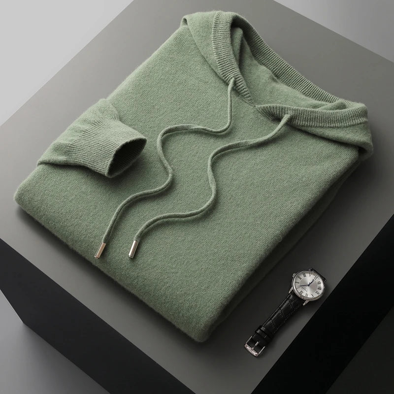 Men's 100% Merino Wool Sweater Hooded Collar Knitted Pullover Cashmere Sweatshirt Autumn Winter Casual Large Tops Long Sleeved