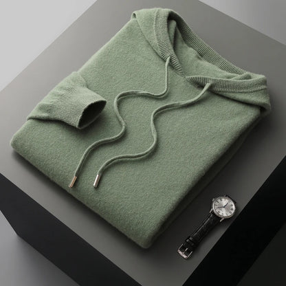 Men's 100% Merino Wool Sweater Hooded Collar Knitted Pullover Cashmere Sweatshirt Autumn Winter Casual Large Tops Long Sleeved