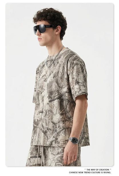 Custom LOGO men's summer camouflage splicing 240G quick-drying cotton polyester short-sleeved T-shirt loose sports shorts set