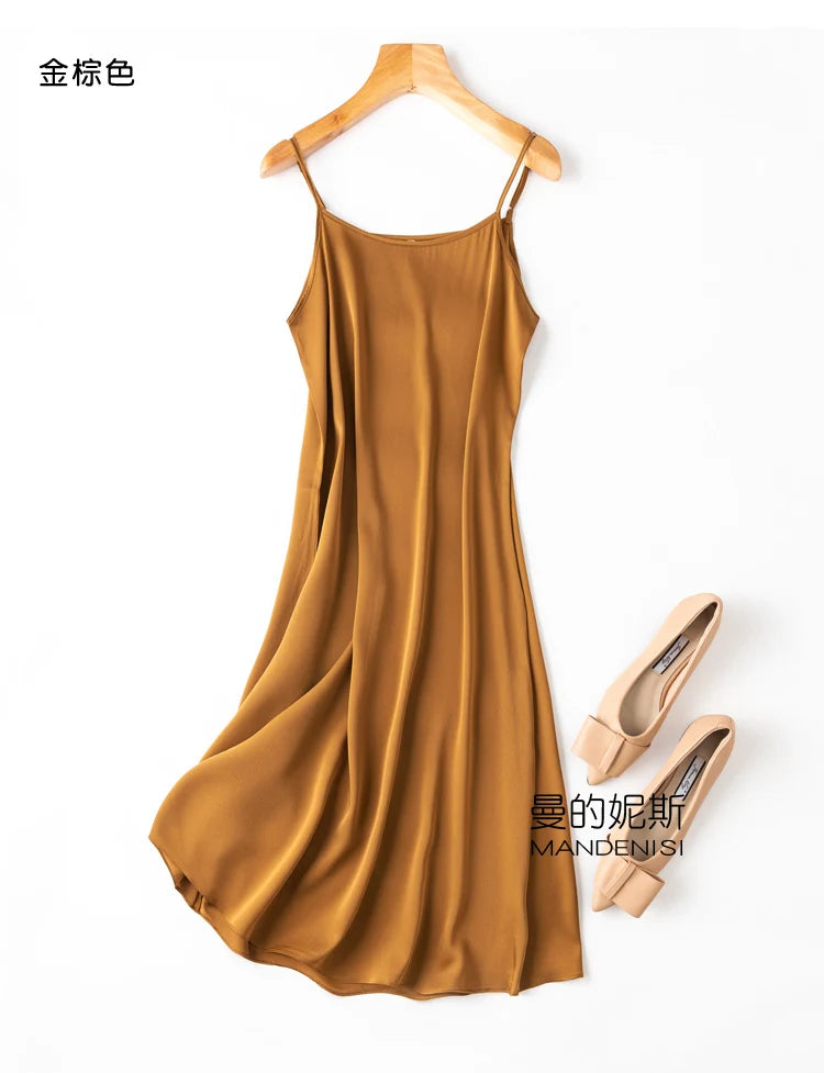 YOLANFAIRY 19momme 93% Mulberry Silk Spaghetti Strap Dress for Women Elegant Mid-length Sexy Real Silk Summer Dresses Woman 원피스