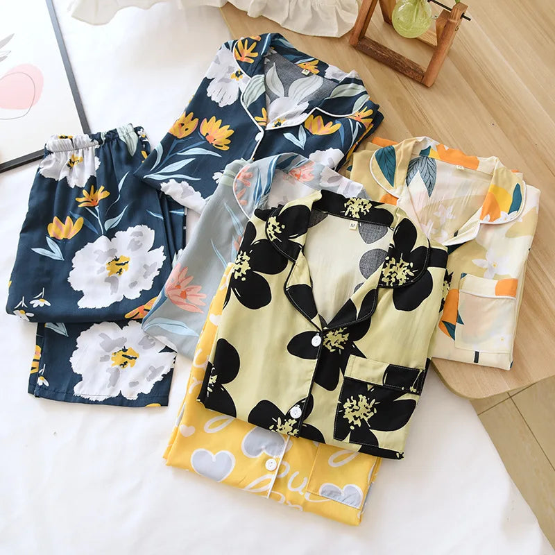 Spring and summer new 100% viscose pajamas two-piece long-sleeved trousers women's flowers comfortable plus size homewear suit