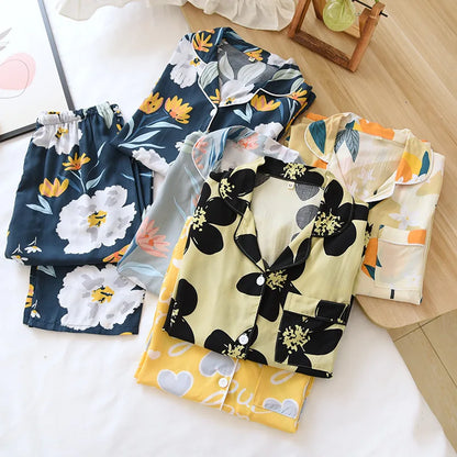 Spring and summer new 100% viscose pajamas two-piece long-sleeved trousers women's flowers comfortable plus size homewear suit