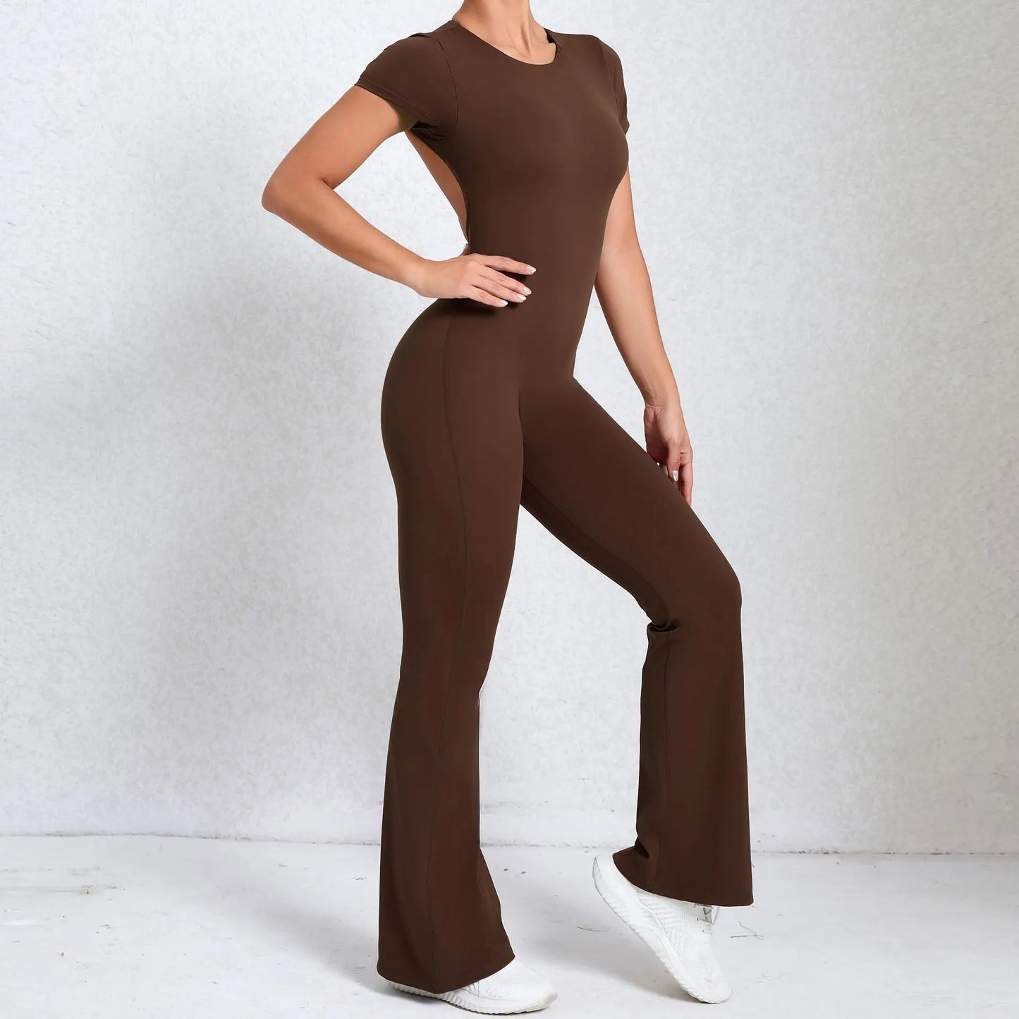 Women's Tracksuit Yoga Set Backless Jumpsuits Back V One Piece Fitness Rompers Short Sleeves Sportswear Gym Set Workout Clothes