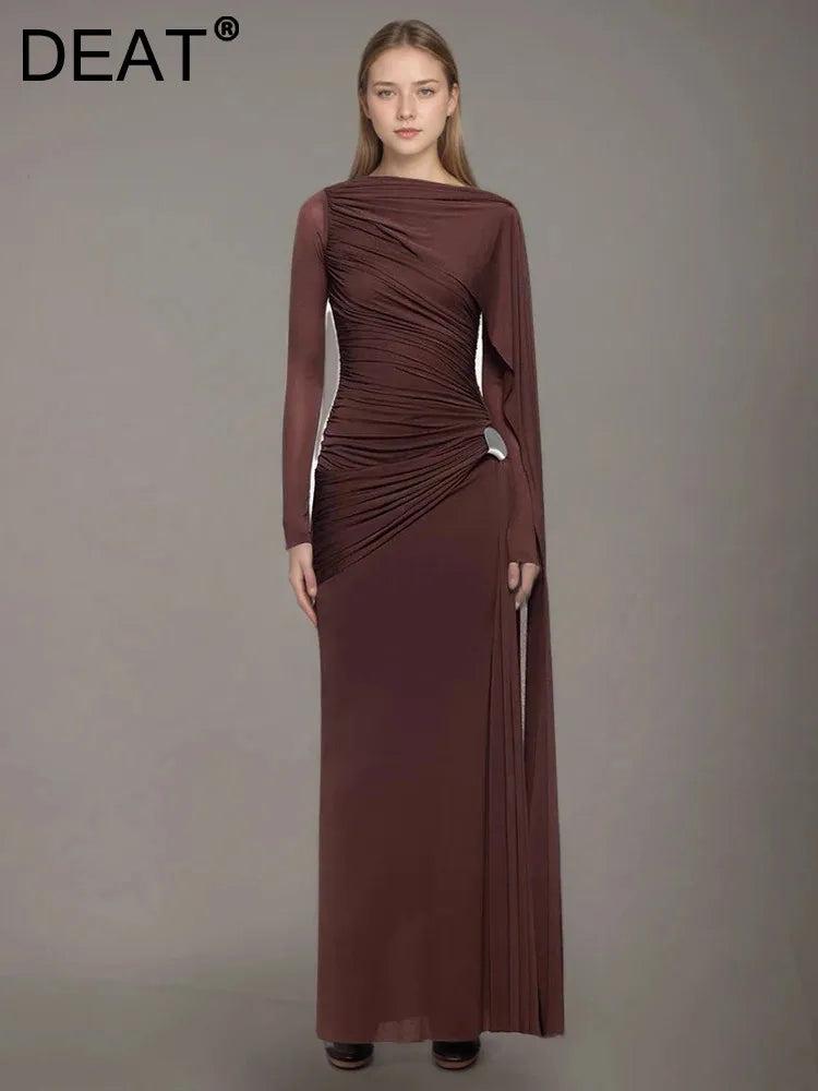 DEAT Fashion Brown Asymmetric Pleated Minimalist Dress Women's Round Neck Slim Fit Long Sleeves Ankle-length Dresses New
