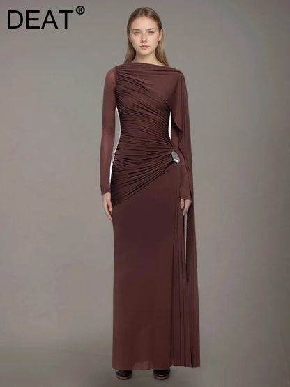 DEAT Fashion Brown Asymmetric Pleated Minimalist Dress Women's Round Neck Slim Fit Long Sleeves Ankle-length Dresses New