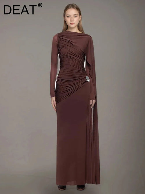 DEAT Fashion Brown Asymmetric Pleated Minimalist Dress Women's Round Neck Slim Fit Long Sleeves Ankle-length Dresses New