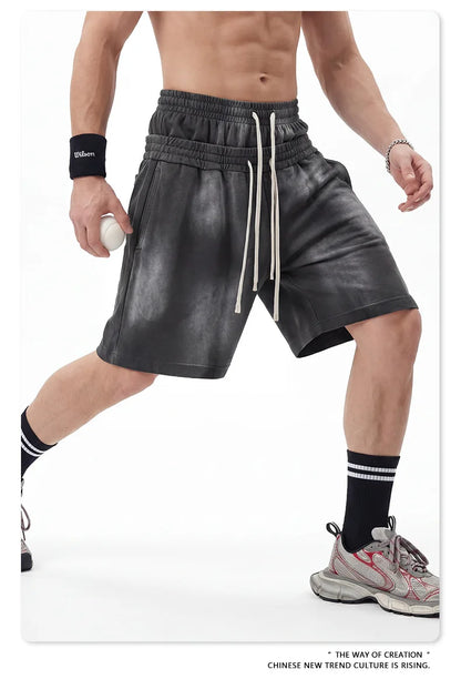 Custom LOGO men's 320G heavy 100% washed and old double waist high waist medium pants loose casual sports five-point shorts