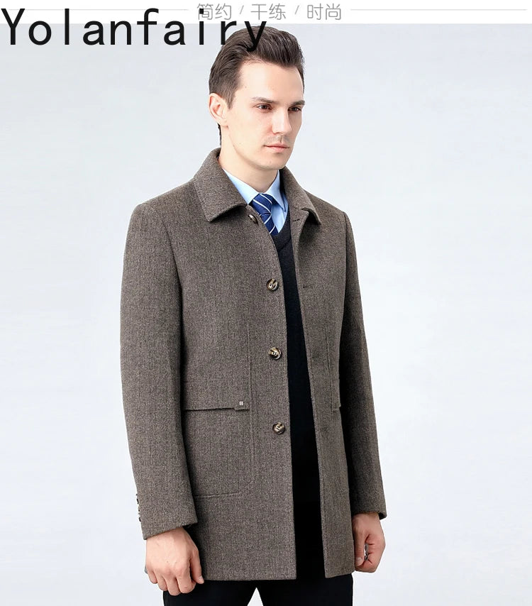 YOLANFAIRY 100% Cashmere Jacket for Men 2025 Autumn Winter Mid-length Wool Coats Man Clothing Casual Business Men's Woolen Coat