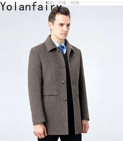 YOLANFAIRY 100% Cashmere Jacket for Men 2025 Autumn Winter Mid-length Wool Coats Man Clothing Casual Business Men's Woolen Coat