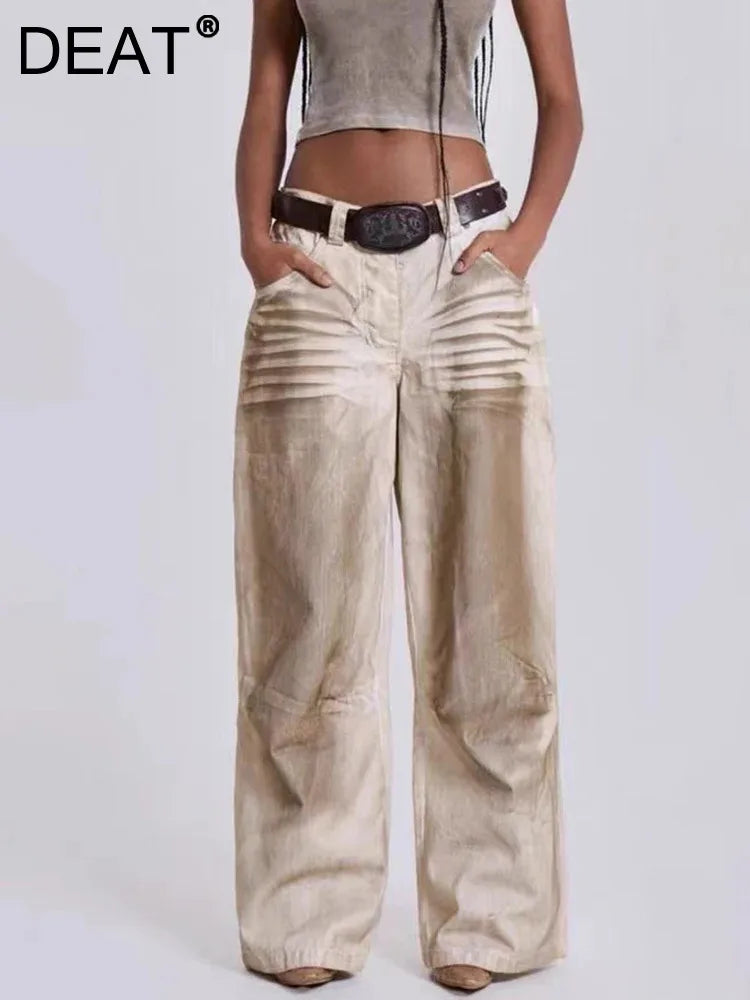 DEAT Fashion Dirty Dyed Jeans Women's High Waist Loose Straight Wide Leg Denim Pants Summer New 7A609