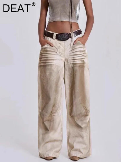 DEAT Fashion Dirty Dyed Jeans Women's High Waist Loose Straight Wide Leg Denim Pants Summer New 7A609