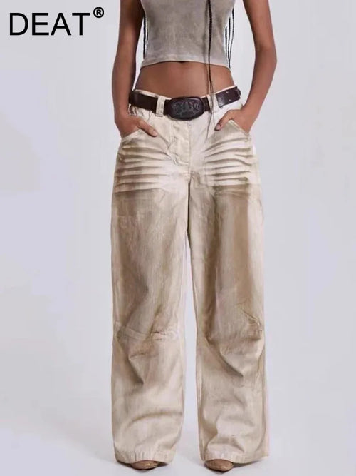 DEAT Fashion Dirty Dyed Jeans Women's High Waist Loose Straight Wide Leg Denim Pants Summer New 7A609