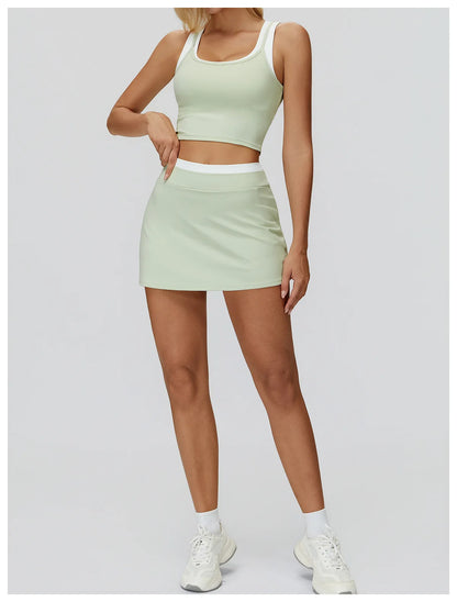 SWELTERING High Waist Pocket Skirt Fake Two Yoga Skirt Solid Color Sports Skirt Running Quick Drying Fitness Tennis Skirt