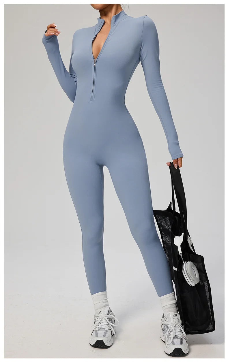 TRY TO BN Women's Jumpsuit Long Sleeve Zipper Shapewear Bodysuit Yoga Fitness One Piece Tights Gym Clothing Mono Deportivo Mujer