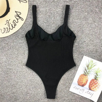 S - XL New Sexy High Cut Women Swimwear Ribbed Underwired One Piece Swimsuit Female Bather Bathing Suit Swim Lady Bodysuit V1607