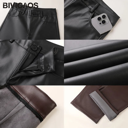 BIVIGAOS Fall Winter Fleece Loose Wide Leg Warm Leather Pants Women Button Pocket High Waist Thick PU Casual Straight Pants