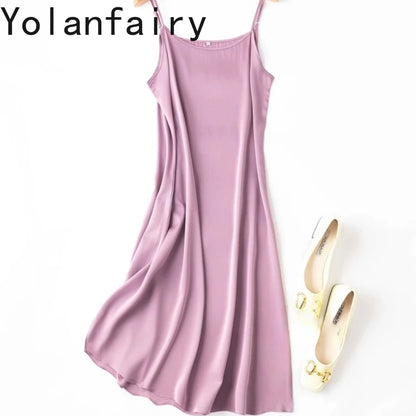 YOLANFAIRY 19momme 93% Mulberry Silk Spaghetti Strap Dress for Women Elegant Mid-length Sexy Real Silk Summer Dresses Woman 원피스