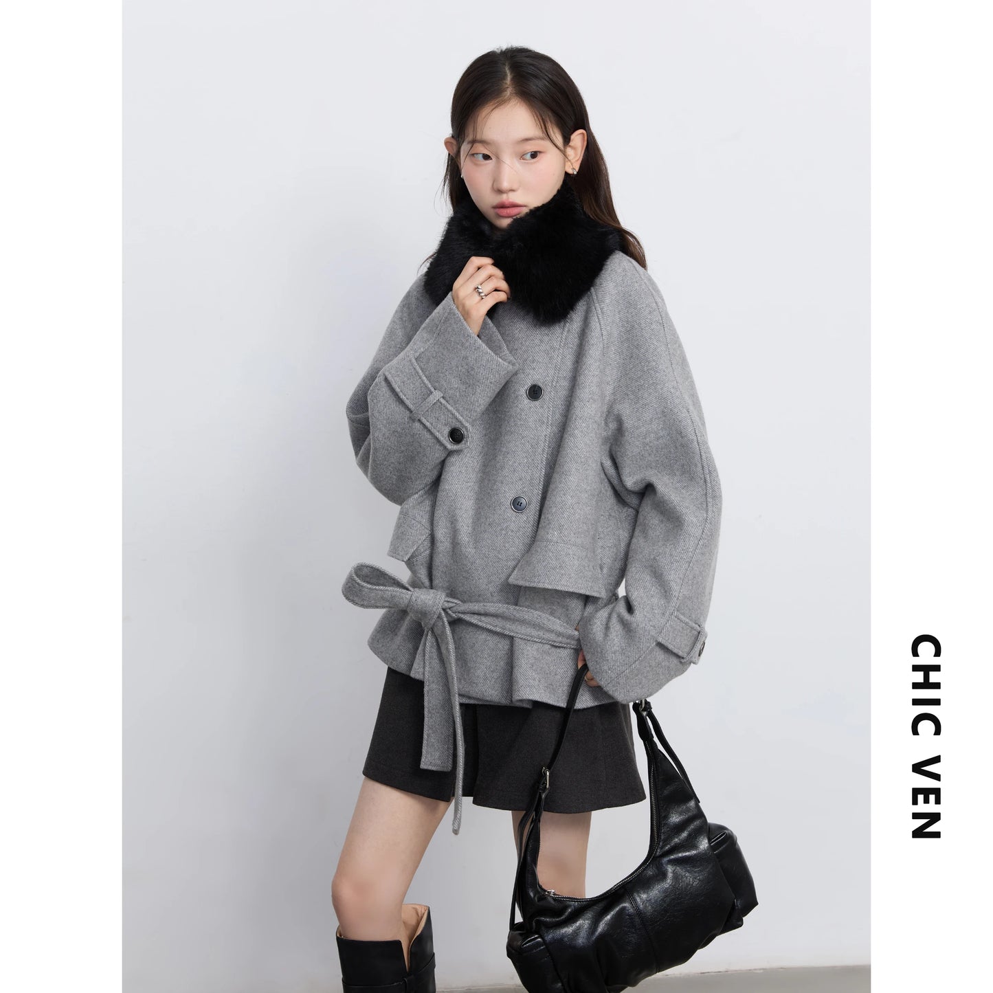 CHIC VEN Women Korean Coat Loose Casual Woolen Single-sided Detachable Collar Female Overcoat Ladies Jacket Autumn Winter 2025