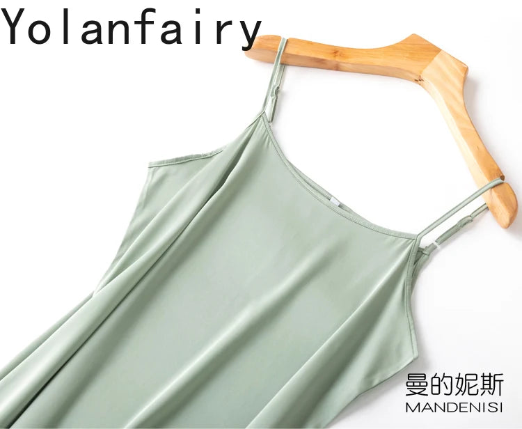 YOLANFAIRY 19momme 93% Mulberry Silk Spaghetti Strap Dress for Women Elegant Mid-length Sexy Real Silk Summer Dresses Woman 원피스