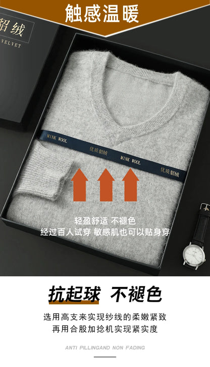 100% Pure Mink Cashmere Sweater Men's V-Neck Pullovers Knit Large Size Mink Sweater Winter New Long Sleeve High-End Jumpers Tops