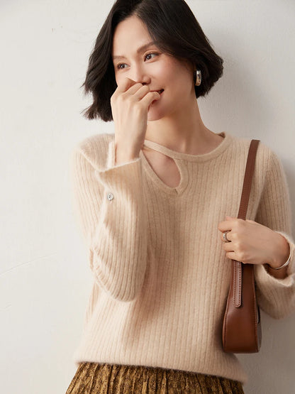 CHICUU Women's 100% Cashmere Knit Pullover Sweater Cut Out Collar Long Sleeve Pullover Autumn Winter Basic Cashmere Knitwear Top