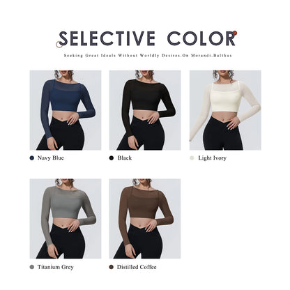 Hearuisavy Women's Mesh Long Sleeve Yoga Top With Padded Bra Fake Two Piece Gym Clothing Fitness Top Quick Dry Sports Crop Top