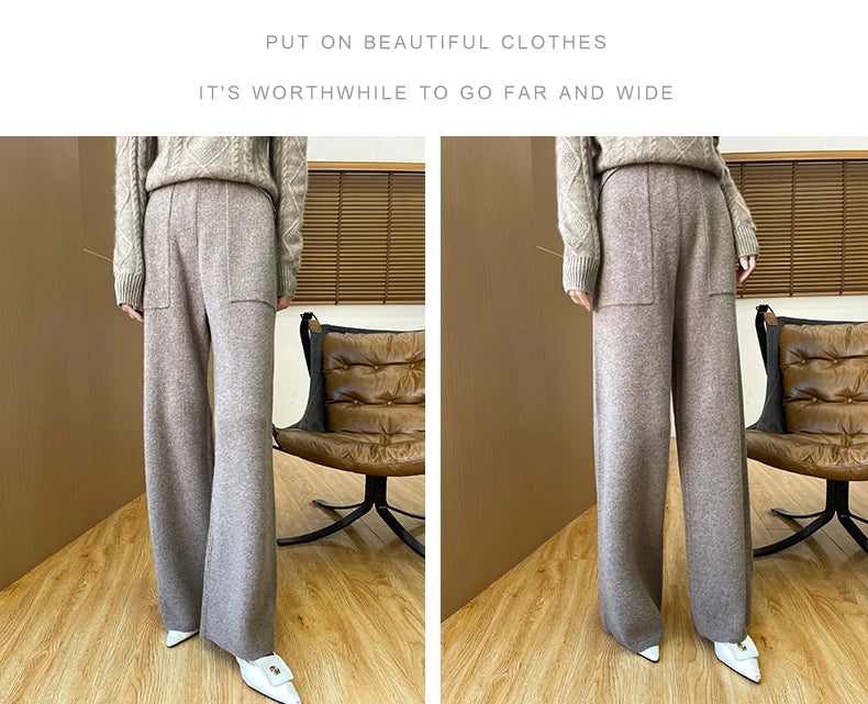 DjzDsm Women's Autumn Spring Knitted Floor-Length Wide Leg Pants 100% Merino Wool Long Trousers