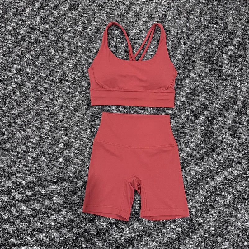 SOISOU Nylon Gym Yoga Set Women's Tracksuit Cycling Shorts Set Tight Elastic Short Chest Pad Removable Bra Womens Clothing