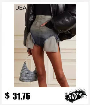 DEAT Fashion Distressed Ripped Wide Leg Jeans Women's Low Waist Frayed Hem Blue Denim Pants Summer New 7A4508