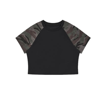 Custom LOGO Women's American Street Spice Girl Camouflage Ragged Short Sleeve T-Shirt 210G Cotton Slim-fit Contrast Top