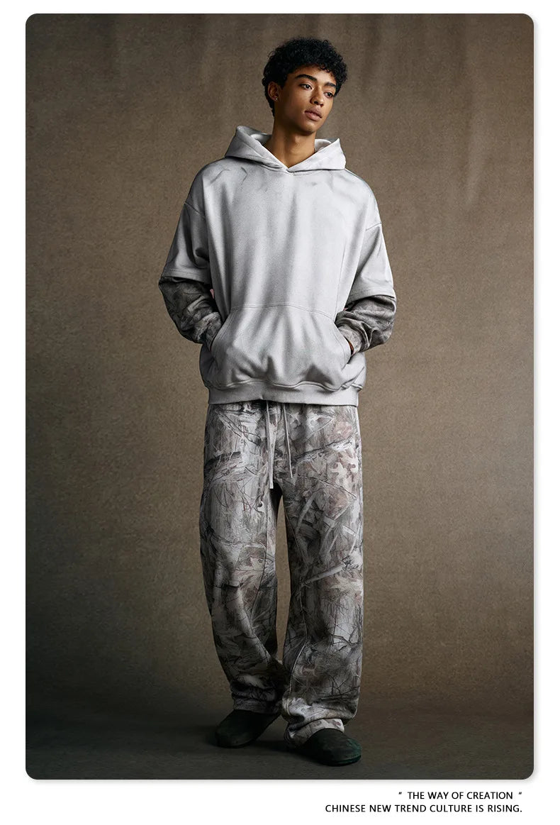 Custom LOGO Men's 2025 Autumn New 340G fleece-lined Fake Two-piece Camouflage Sweater T-Shirt Casual Pants Set